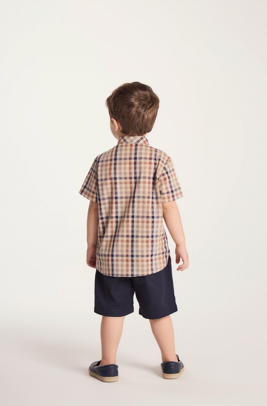 Conjunto Infantil Camisa Gola Padre Xadrez Fio Tinto e Bermuda Sarja Marinho - Um Mais Um