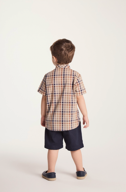 Conjunto Infantil Camisa Gola Padre Xadrez Fio Tinto e Bermuda Sarja Marinho - Um Mais Um