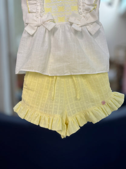 Conjunto Infantil Algodão Bordado Blusa Peplum Laços e Shorts Amarelo - Petit Cherie