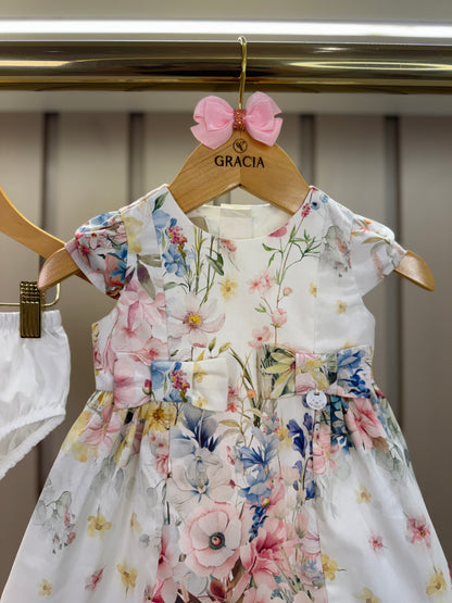Vestido Bebê Algodão Pregas e Lacinho Com Calcinha Floral Candy - Um Mais Um