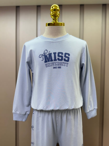 Conjunto Infantil Moletom S Felpa Blusa ML e Calça Miss University Azul Claro - Beabá