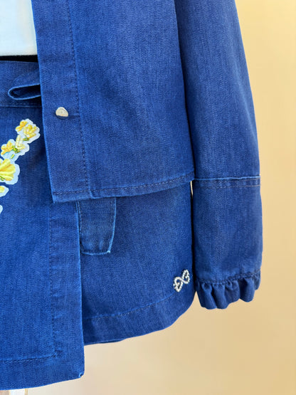 Conjunto Infantil Trio Blusa Gola Laise Removível, Camisa Jeans Leve ML Gola Bordada e Shorts-Saia Jeans Bordada Flores - Luluzinha