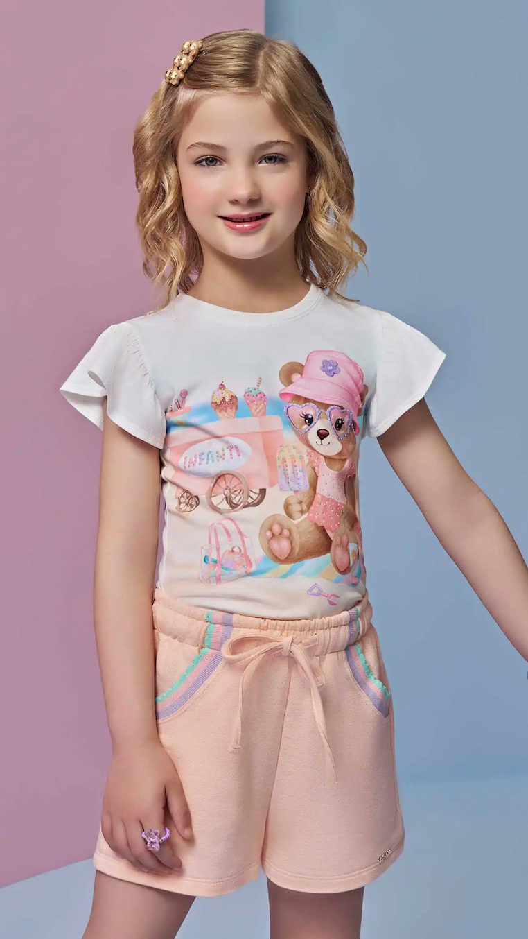 Conjunto Infantil Blusa Ursinha Com Strass e Shorts Moletom - Infanti