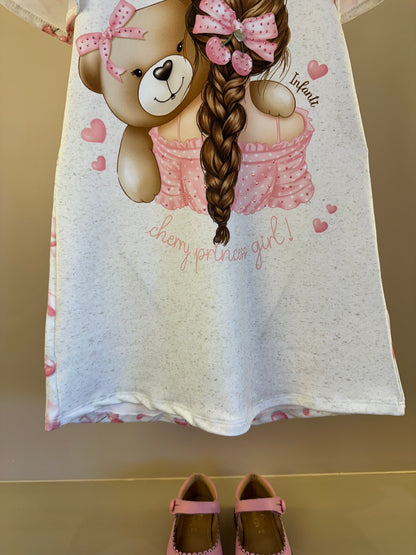 Vestido Infantil Trapézio Ursinha Laço Rosa - Infanti