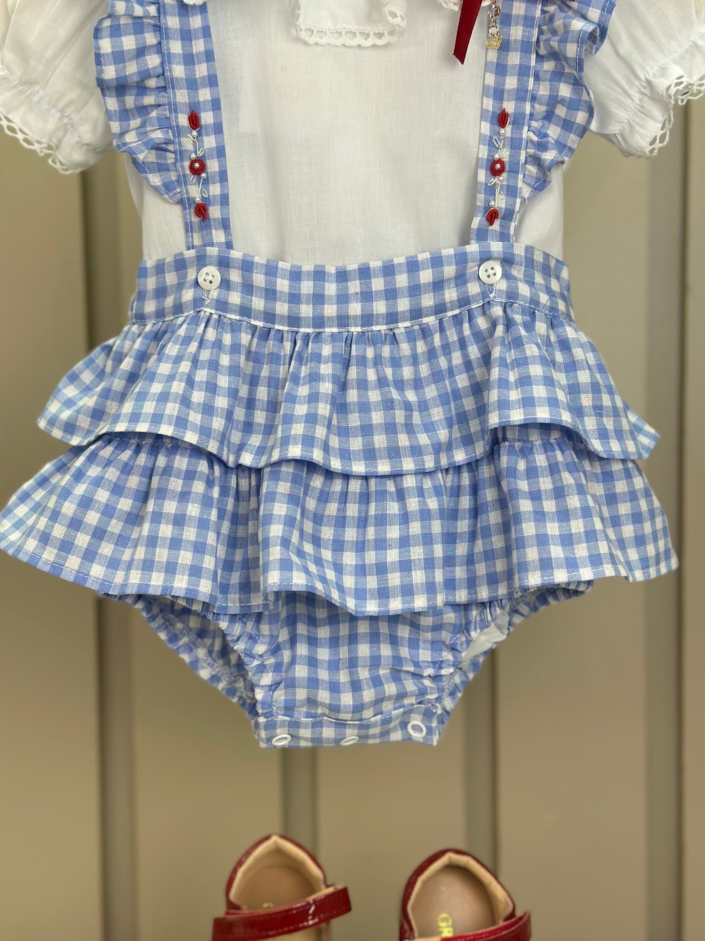 Jardineira Bebê Clássica Xadrez Azul Body Branco Golinha - Roana