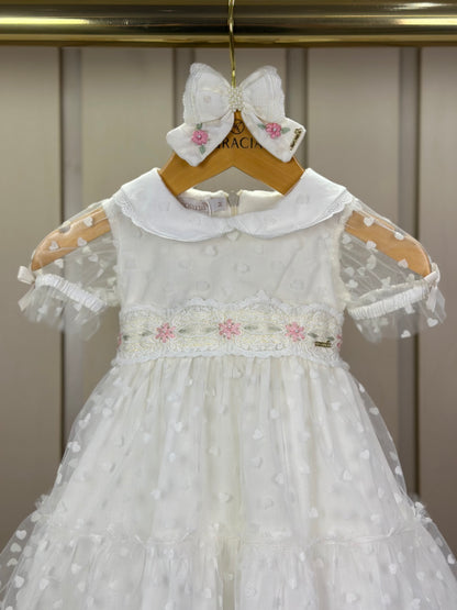 Vestido Infantil Super Luxo Tule Poás Marfim Gola, Busto e Mangas Rendadas e Bordados - Roana