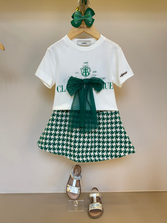 Conjunto Infantil Blusa Laço Tule e Saia Tweed Xadrez Verde - Animê