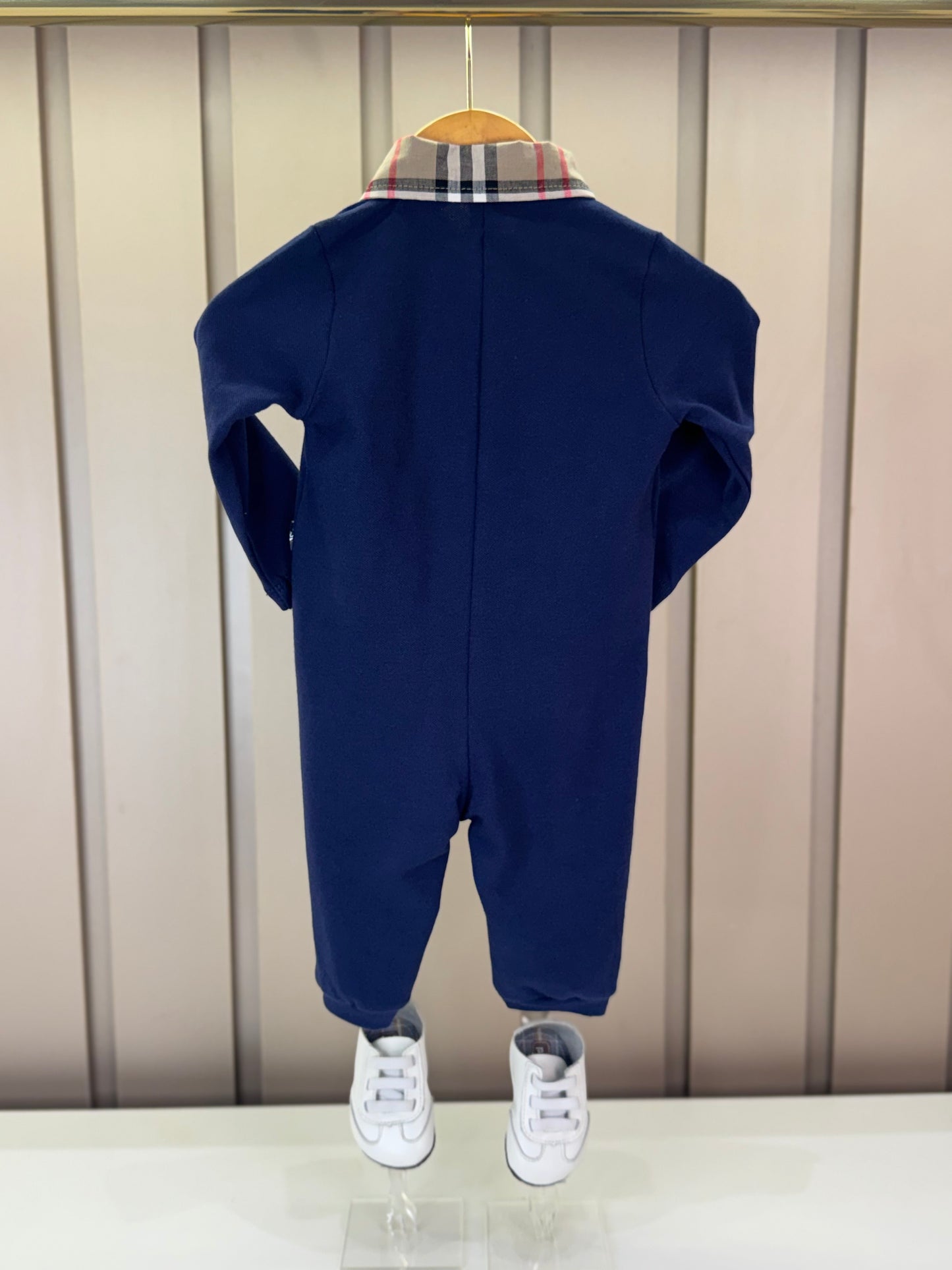 Romper Bebê Piquet Longo Gola Xadrez Marinho - Um Mais Um