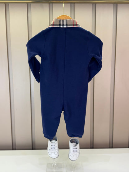 Romper Bebê Piquet Longo Gola Xadrez Marinho - Um Mais Um