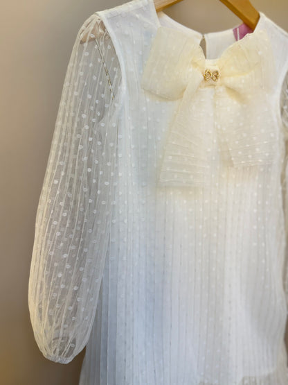 Vestido Infantil Trapézio Tule Plissado Aplicação Laço Off White - Luluzinha