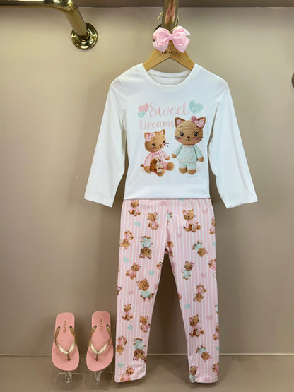 Pijama Infantil Blusa ML Sweet Dreams e Legging Ursinhas Rosa Claro - Infanti