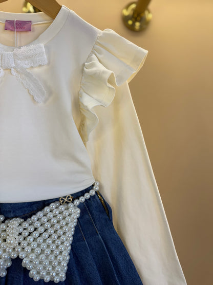 Conjunto Infantil Blusa ML Laço e Saia-shorts Jeans Pochete Laço Pérolas - Luluzinha