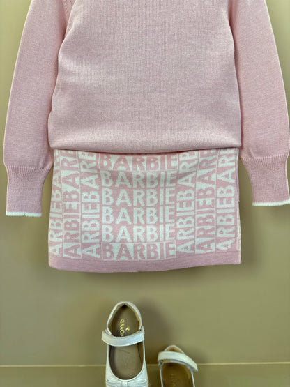 Conjunto Infantil Tricot Blusa Barbie Strass e Saia Jacquard Barbie Patches Sugar Rose - Pituchinhus