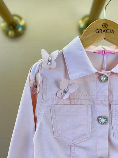 Jaqueta Infantil Sarja Rosa com Borboletas - Gabriela Aquarela