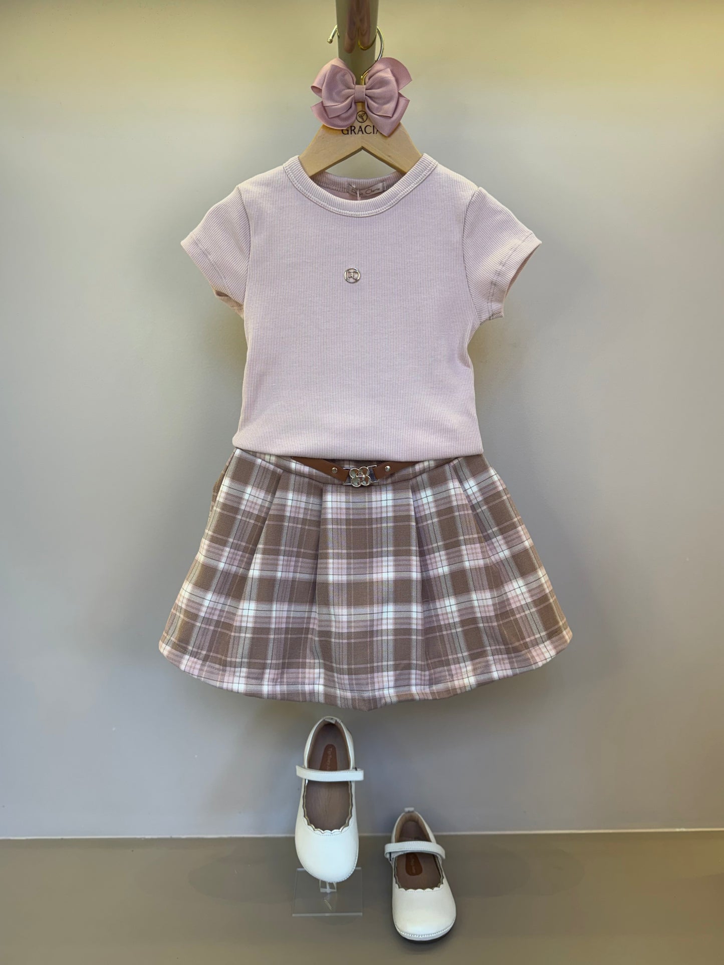 Conjunto Infantil Alfaiataria Blusa Algodão Rosa e Saia Xadrez - Petit Cherie