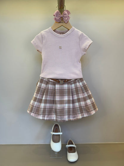 Conjunto Infantil Alfaiataria Blusa Algodão Rosa e Saia Xadrez - Petit Cherie