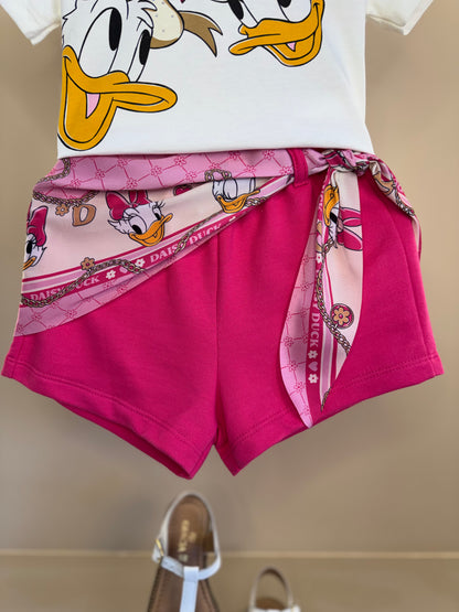 Conjunto Infantil Blusa Daisy & Donald com Shorts Lenço Rosa - Momi