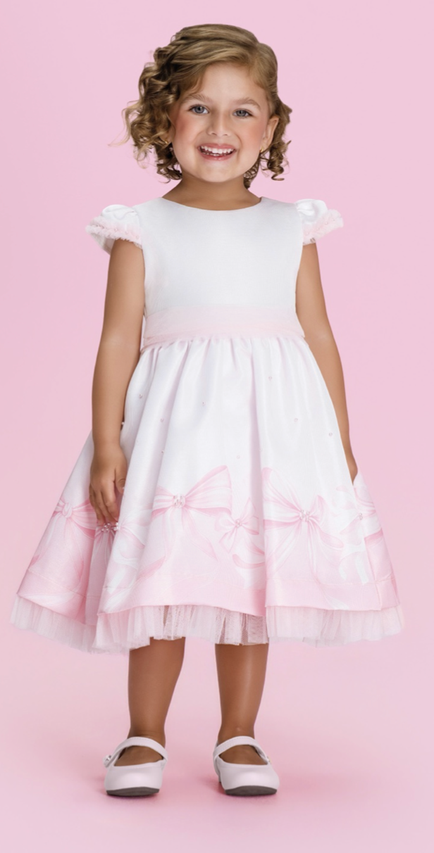 Vestido Infantil Laços e Pérolas Saia Tule Rosa - Petit Cherie