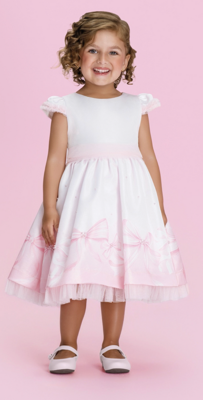 Vestido Infantil Laços e Pérolas Saia Tule Rosa - Petit Cherie