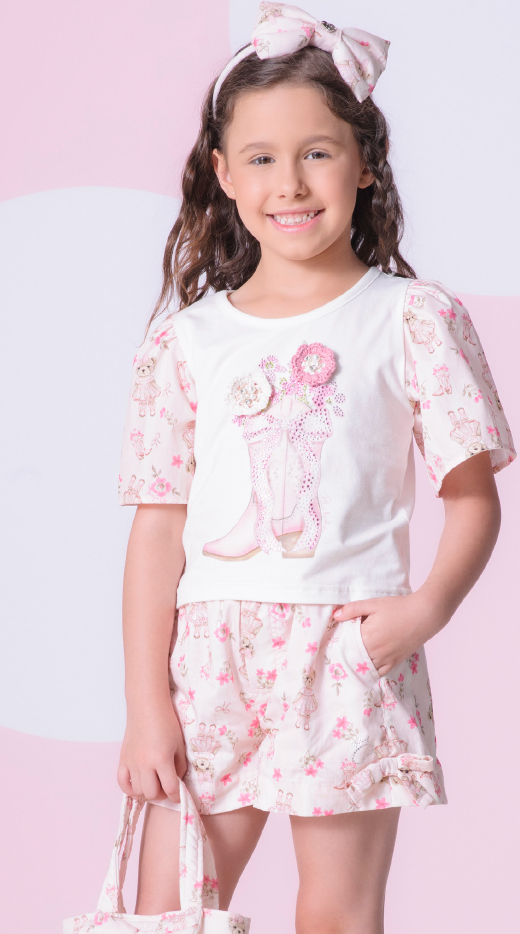 Conjunto Infantil Blusa Flores Crochê e Shorts Flores & Ursinhas - Pituchinhus