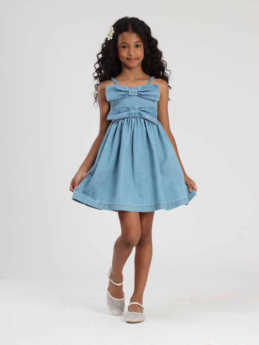 Vestido Infantil Jeans com Laço - Luluzinha PRÉ-VENDA
