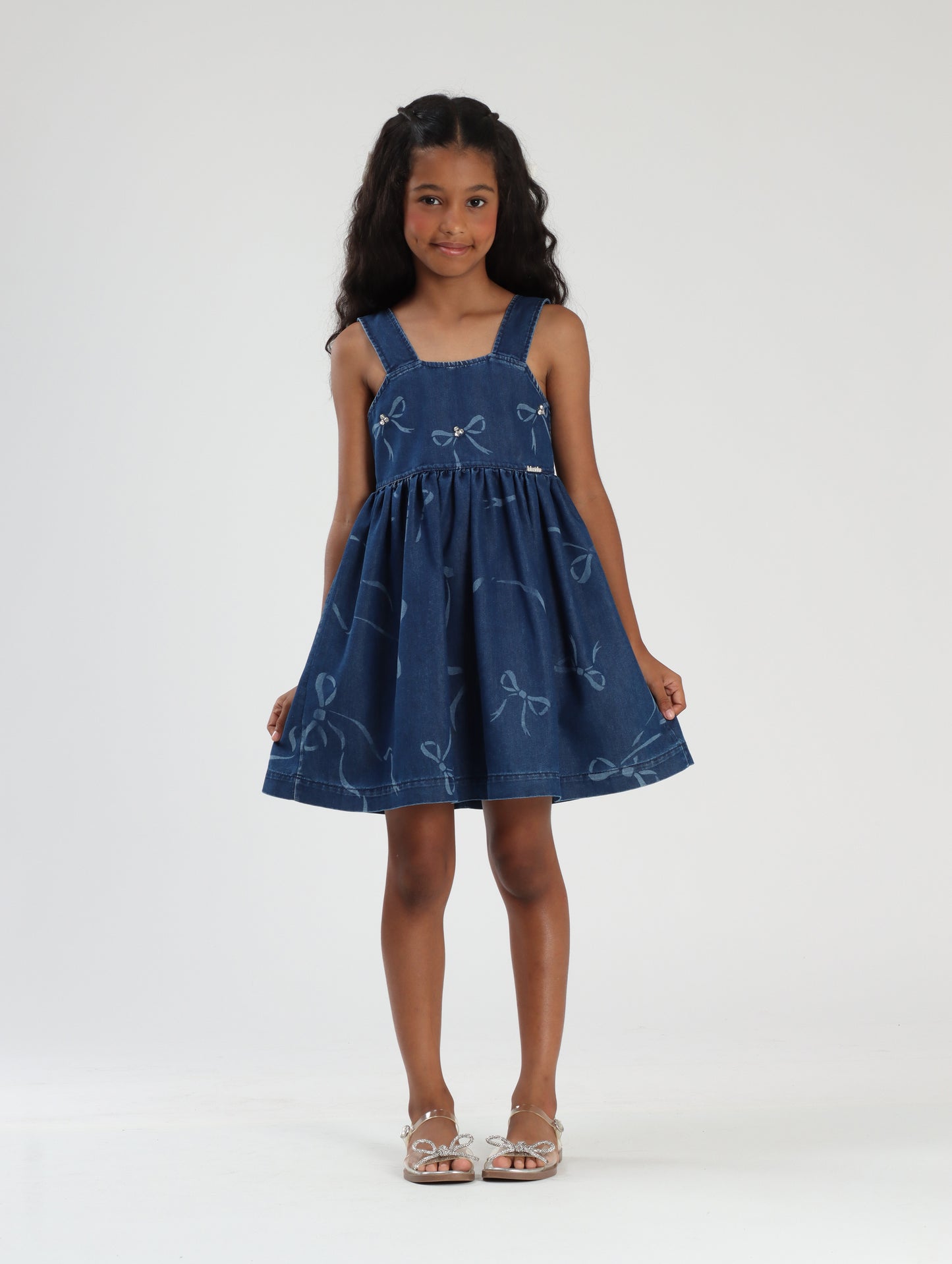 Vestido Infantil Jeans Laços Rodado - Luluzinha