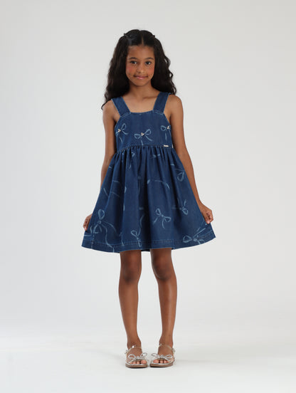 Vestido Infantil Jeans Laços Rodado - Luluzinha