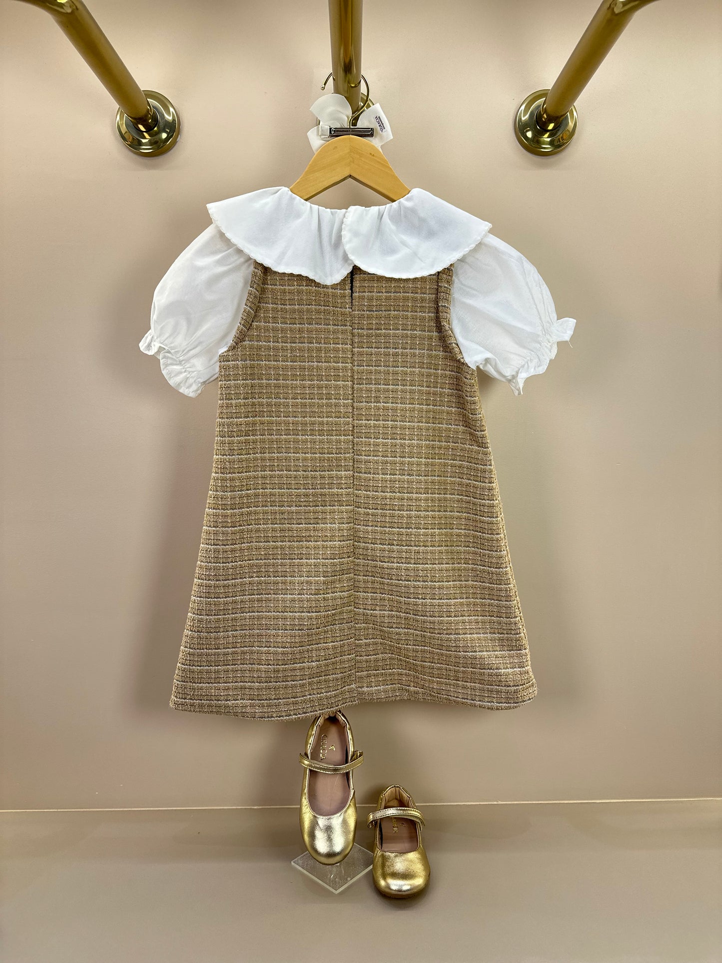 Vestido Infantil Manga Curta Tweed Xadrez Bege - Animê Petite