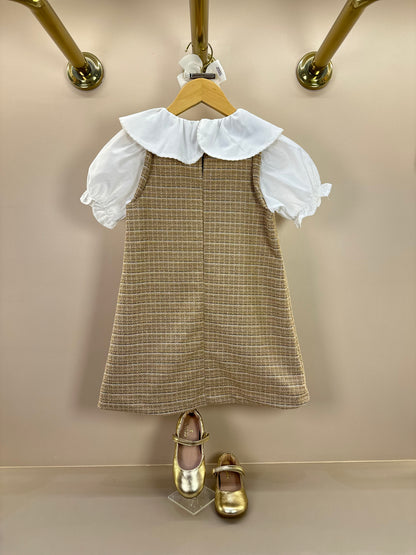 Vestido Infantil Manga Curta Tweed Xadrez Bege - Animê Petite