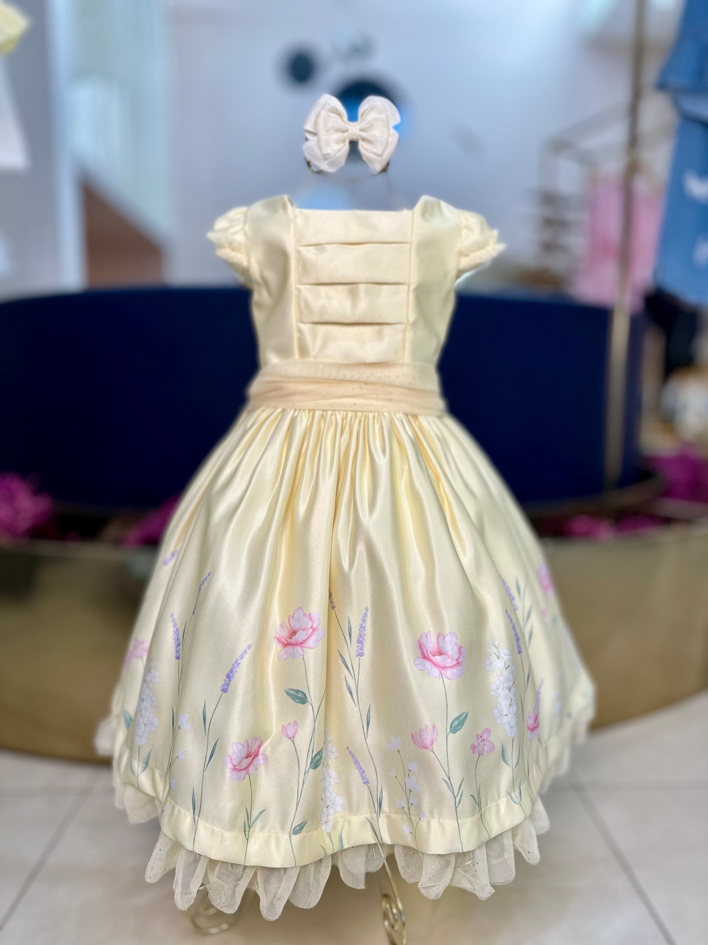 Vestido Infantil Festa Tule Flores Amarelo - Petit Cherie