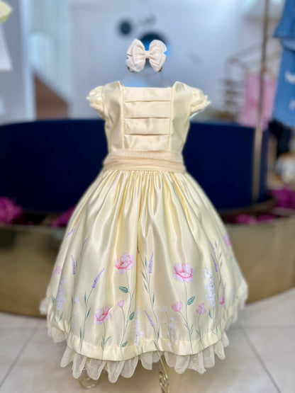 Vestido Infantil Festa Tule Flores Amarelo - Petit Cherie