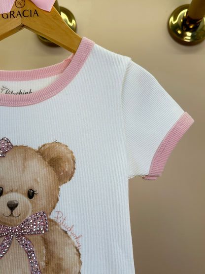 Conjunto Infantil Blusa Ursinho e Laço Nas Costas e Calça Pantacourt Algodão Estampa Ursinhos - Pituchinhus