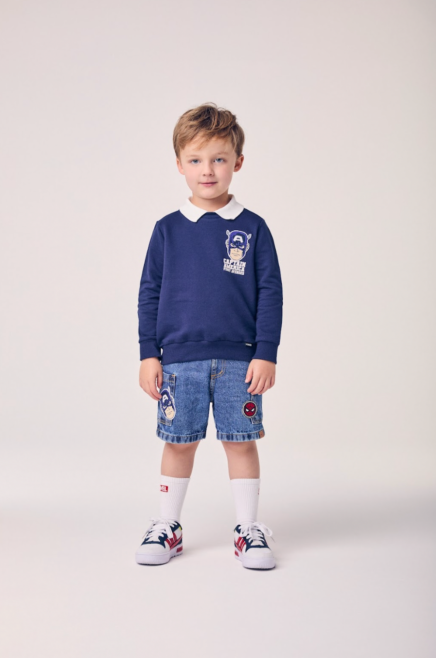 Conjunto Infantil Casaco Gola Polo e Bermuda Jeans Patchs Marvel - Youccie