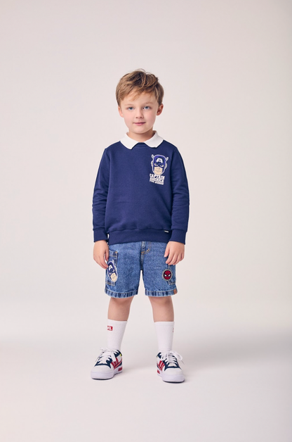 Conjunto Infantil Casaco Gola Polo e Bermuda Jeans Patchs Marvel - Youccie