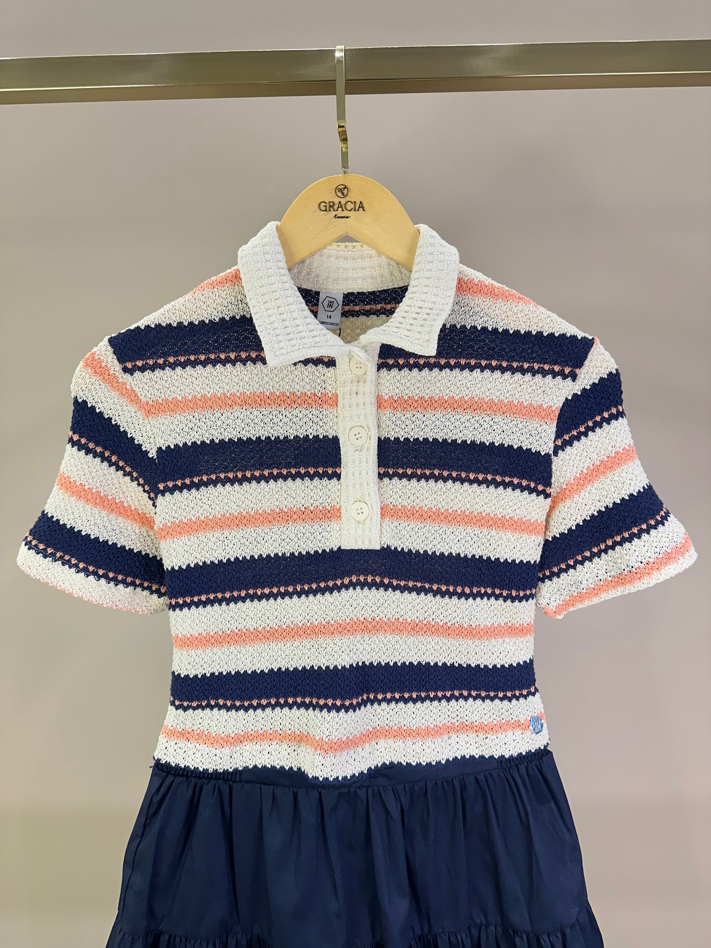 Conjunto Teen Blusa Polo Malha Tricot listrada e Saia-shorts Tricoline Marinho - Two In