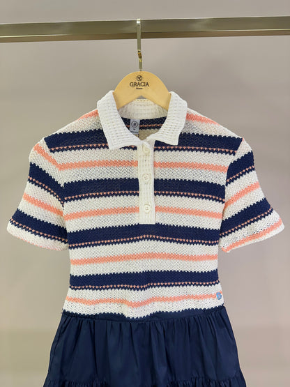 Conjunto Teen Blusa Polo Malha Tricot listrada e Saia-shorts Tricoline Marinho - Two In