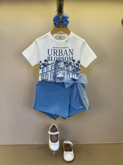 Conjunto Infantil Blusa Urban Blossom e Shorts Azul Laço Tule - Animê