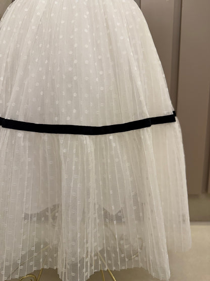 Vestido Infantil Conceito Tule Poá Rodado Aplicações e Laço Veludo Off White - Luluzinha