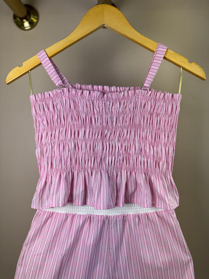 Conjunto Teen Blusa Cropped Franzido e Shorts Saia Rosa Listrado - Authoria