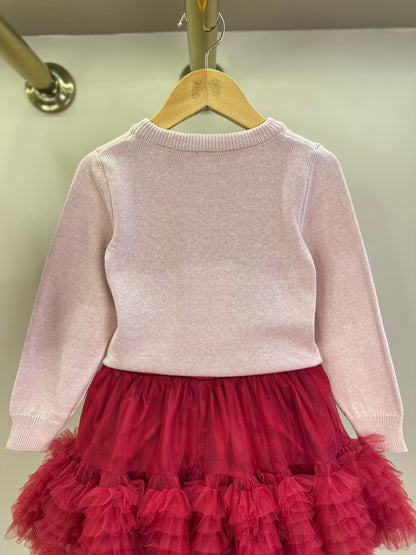 Conjunto Infantil Blusa Tricot Cachorrinhos Cristais Rosa Dolce & Saia-shorts Tule Babados Frufru Bala de Cereja - Pituc