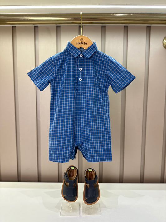 Macaquinho Infantil Algodão Xadrez Azul - Dudes