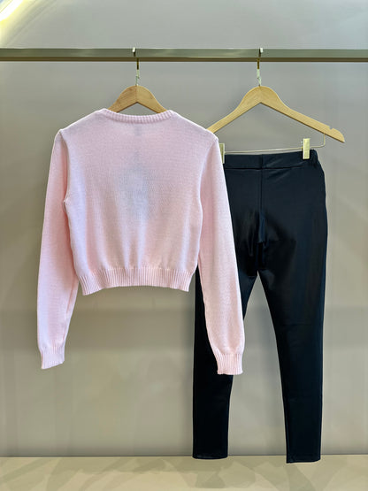 Conjunto Teen Blusa Suéter Tricot Dog Tennista E Calça Legging Cirrê com Bolsos Rosa  - Two In
