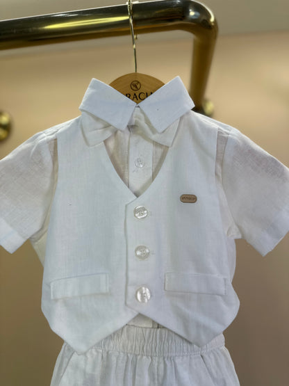 Conjunto Bebê Batizado Camisa-body e Bermuda Linho Misto Off White - Um Mais Um