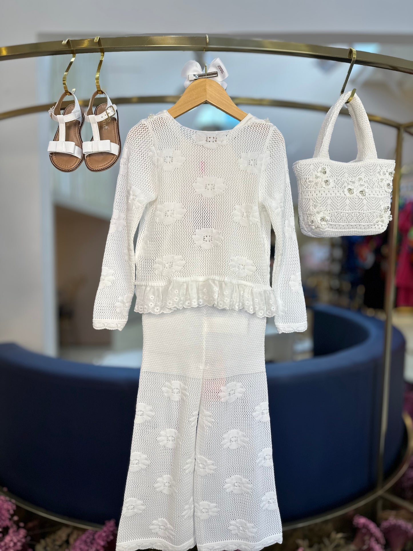 Conjunto Infantil Casaqueto e Calça Tricot Ponto Rendado Flores - Pituchinhus