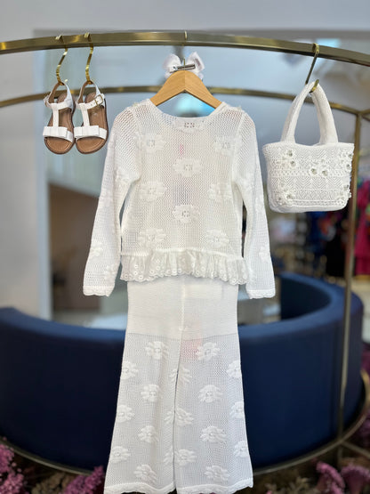 Conjunto Infantil Casaqueto e Calça Tricot Ponto Rendado Flores - Pituchinhus