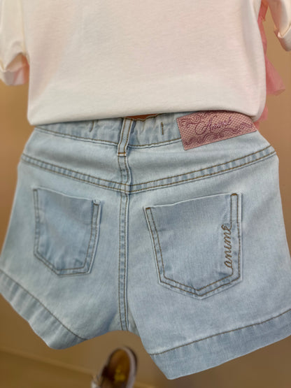 Conjunto Infantil Blusa Babados Tule Rosa e Shorts Jeans Strass Rosa - Animê