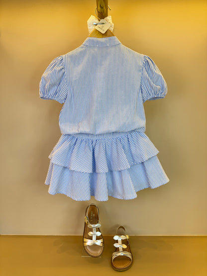 Conjunto Infantil Blusa com Babado Renda e Saia Camadas Listras Azul - Luluzinha