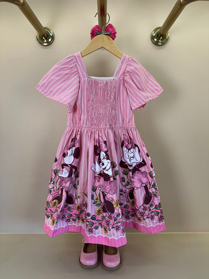 Vestido Infantil Rosa Listrado Minnie Floral - Animê