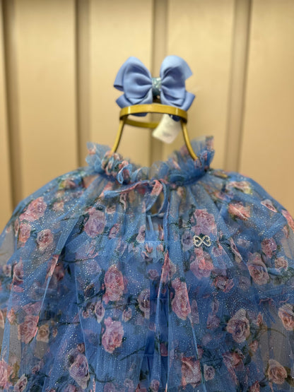 Vestido Infantil Midi Tule Floral Azul Babados - Luluzinha