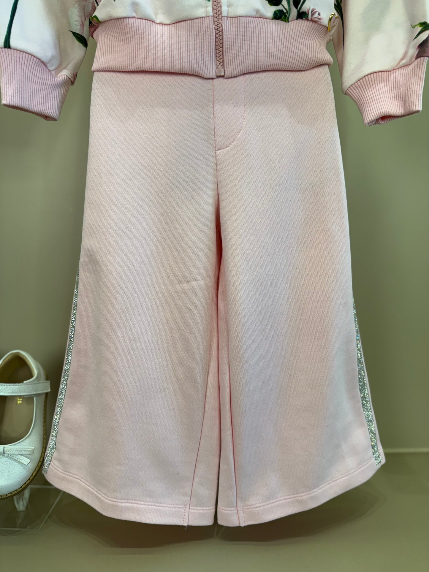 Conjunto Infantil Casaco Moletom Floral Babados e Calça Wide Leg Lateral Glitter Rosa - Luluzinha
